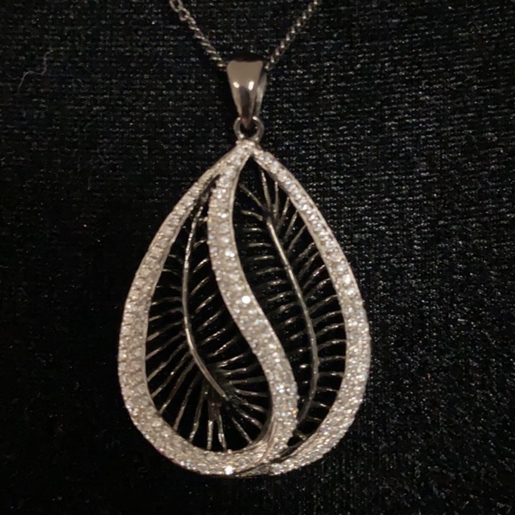 Vintage DS leaf shape pendant crystals & blk sterling 925 necklace w/ earrings - Picture 5 of 15